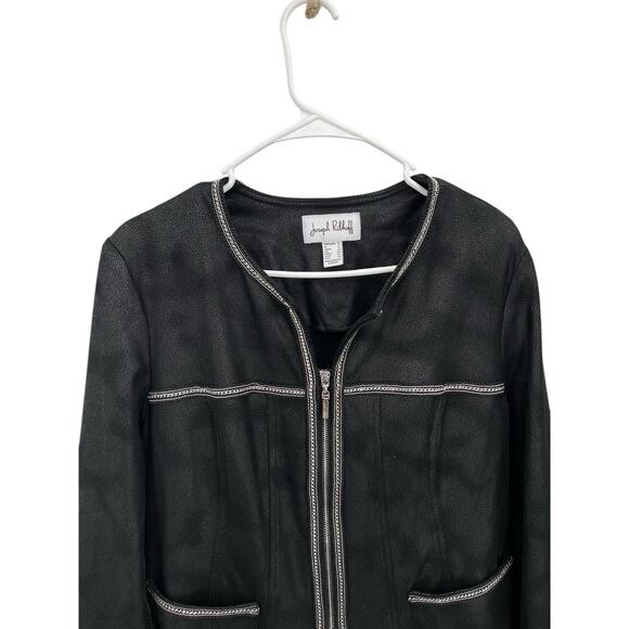 Joseph Ribkoff Jacket Leather Look Chain Bead Detail Black Silver Size 10 - Picture 2 of 13